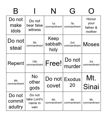 10 Commandments Bingo Card