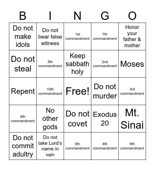 10 Commandments Bingo Card