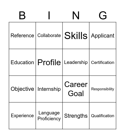 Untitled Resume Vocabulary Bingo Card
