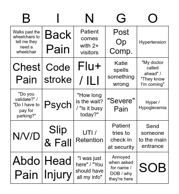 Triage Bingo Card