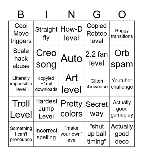 Recent Tab Bingo (Geometry Dash How-D) Bingo Card