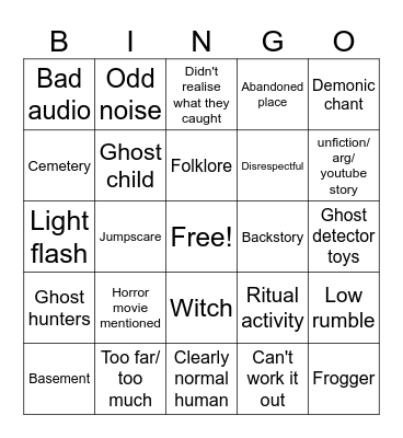 Paranormal Bingo Card