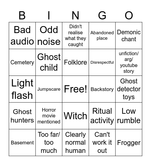 Paranormal Bingo Card