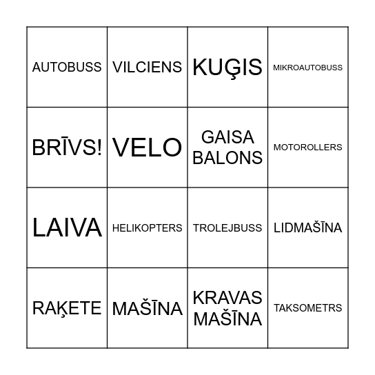 TRANSPORTS Bingo Card