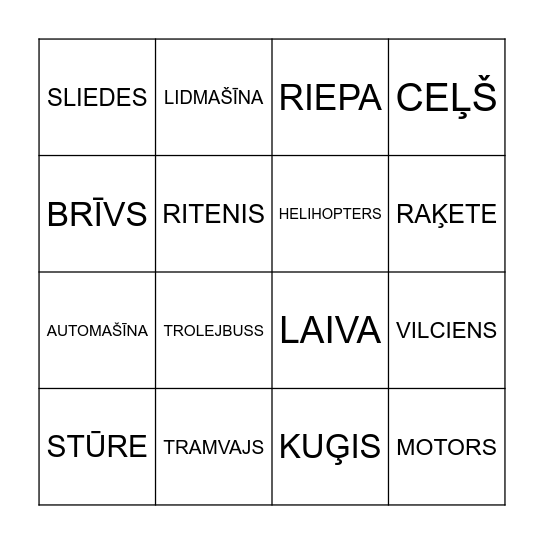 Tranports Bingo Card