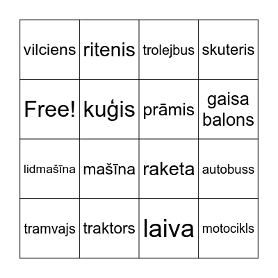 Transports Bingo Card