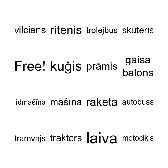 Transports Bingo Card