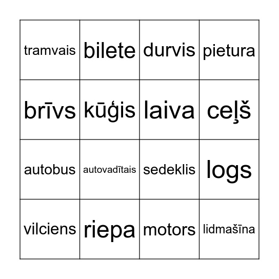 transports Bingo Card