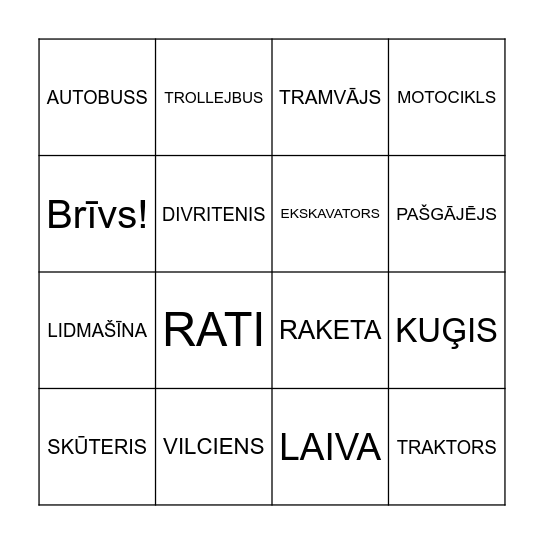 TRANSPORTS Bingo Card