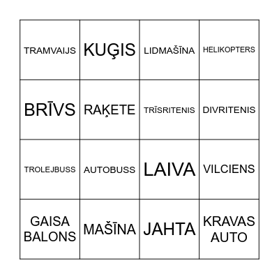 transports Bingo Card
