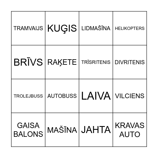 transports Bingo Card