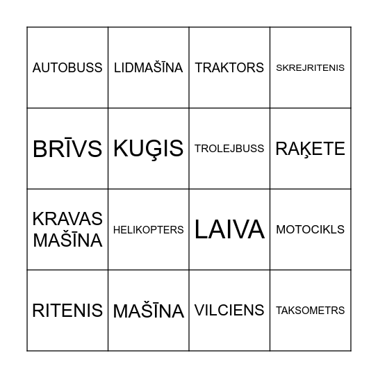 TRANSPORTS Bingo Card