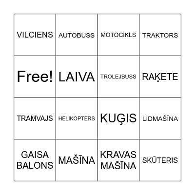 Transports Bingo Card