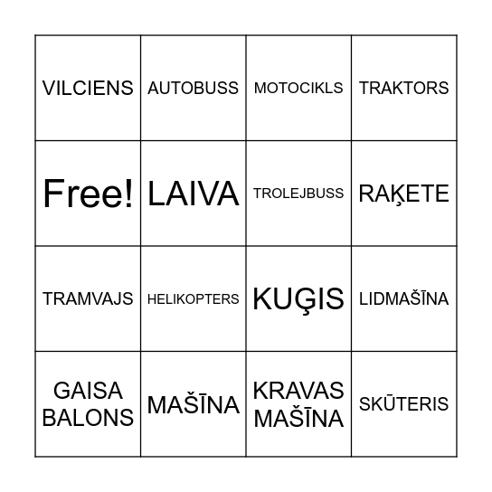 Transports Bingo Card