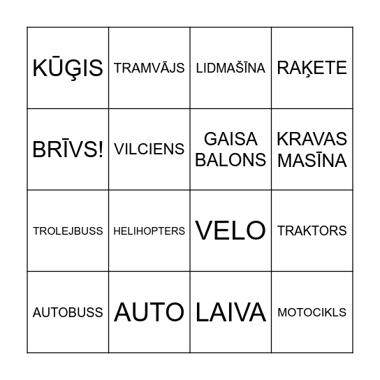 TRANSPORTS Bingo Card