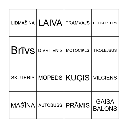 TRANSPORTS Bingo Card