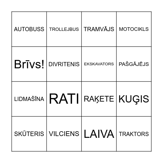 TRANSPORTS Bingo Card