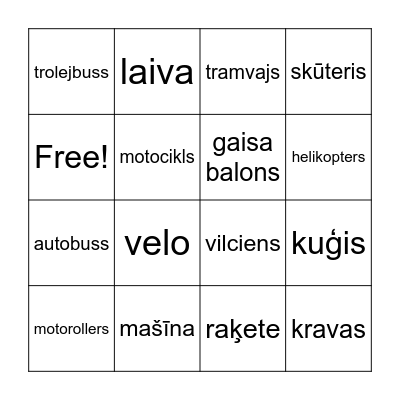 Transports Bingo Card