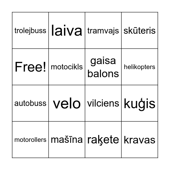 Transports Bingo Card