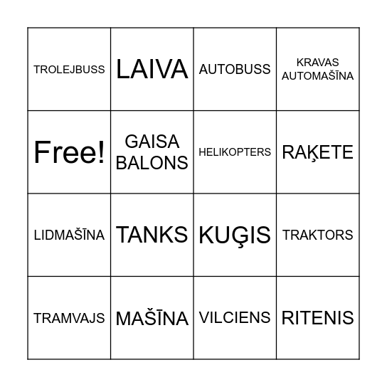 TRANSPORTS Bingo Card