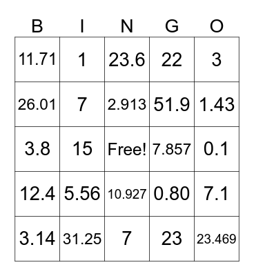 Decimal Rounding Bingo Card