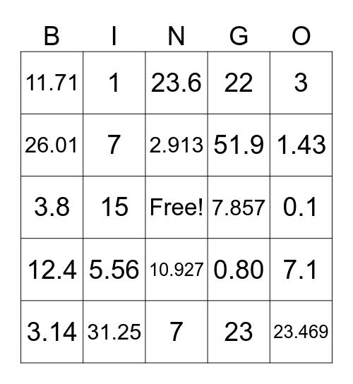 Decimal Rounding Bingo Card