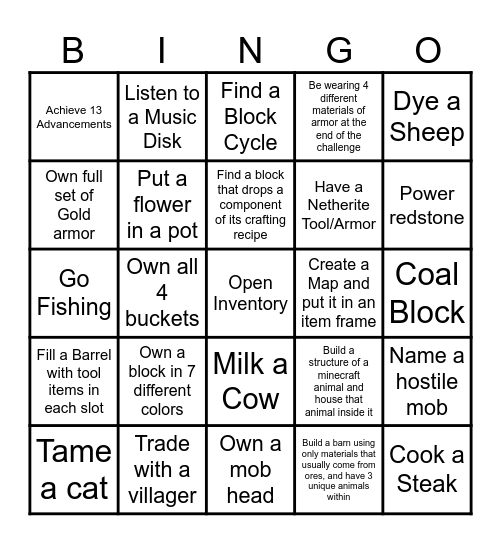 Minecraft Randomizer Bingo Card