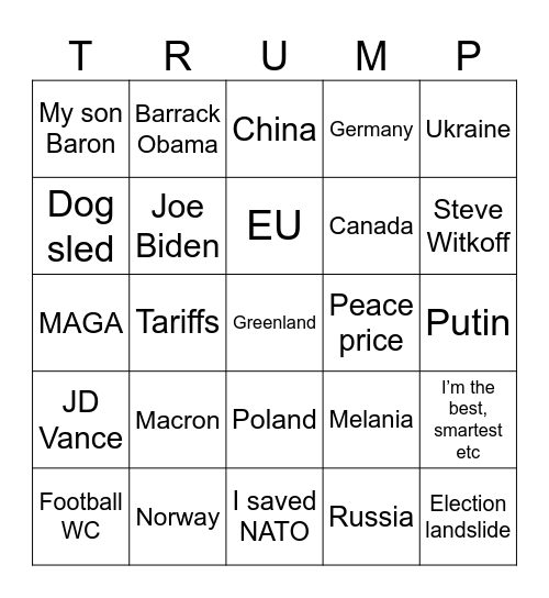 Trump WEF 2026 Bingo Card