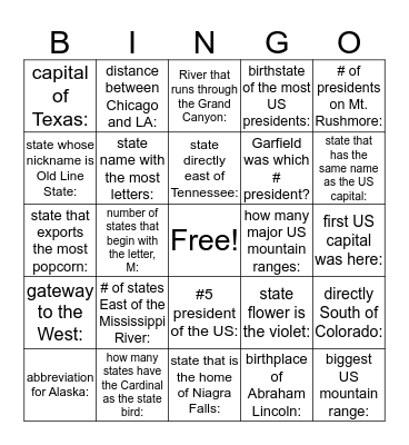 Know Your USA?? Bingo Card