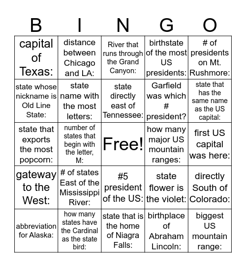 Know Your USA?? Bingo Card