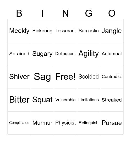 Wrinkle in Time Chapters 1-3 Bingo Card