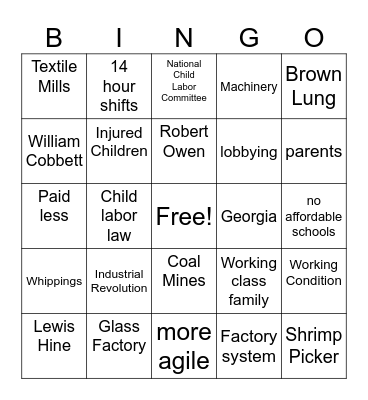 Child Labor Bingo Card