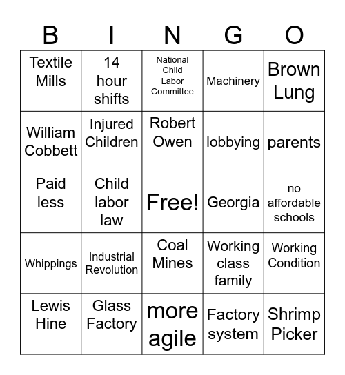 Child Labor Bingo Card
