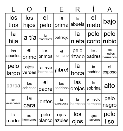 Reporteros Unit 2 Lesson 2 - Familia Bingo Card
