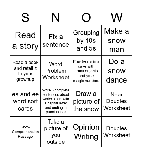 SNOW BINGO Card
