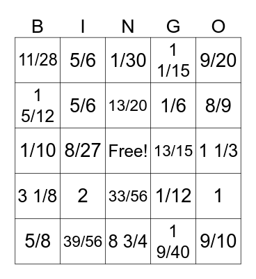 Fraction Review Bingo Card
