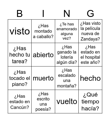 Presente perfecto/imperfecto/pretérito Bingo Card