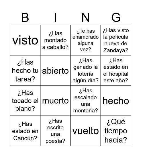 Presente perfecto/imperfecto/pretérito Bingo Card