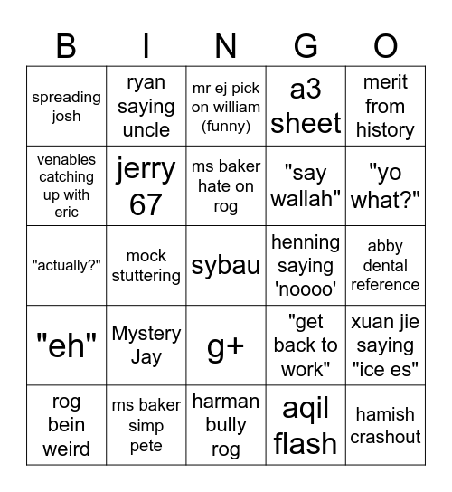 22/1/26 School Prediction Bingo Card