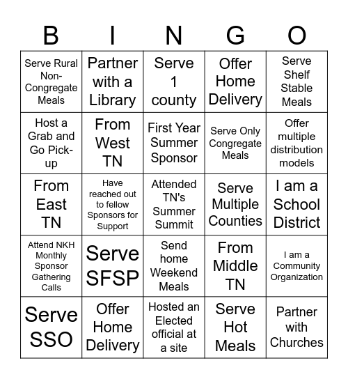 TN Summer Summit Networking BINGO Card
