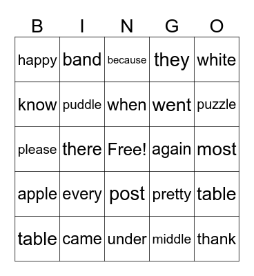 Word Bingo Card