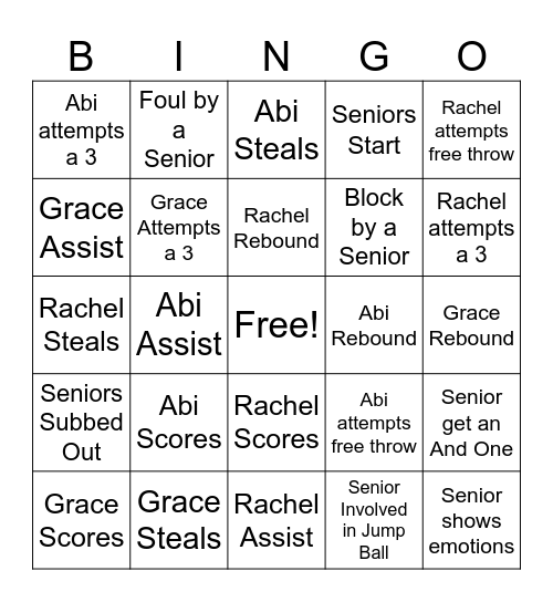 Senior Night Bingo Card