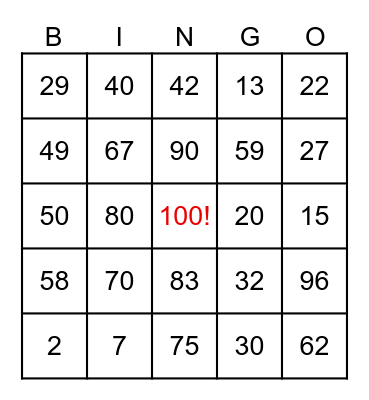 100th Day of School Bingo Card
