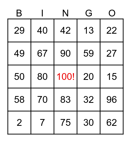 100th Day of School Bingo Card