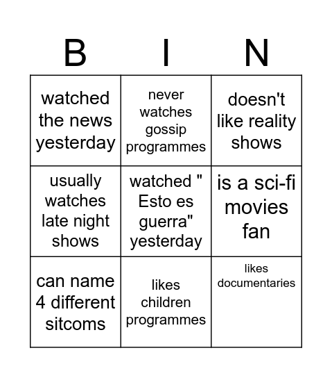 Cinema and TV - Find someone who... Bingo Card