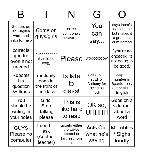 Mr. Pineda Bingo Card