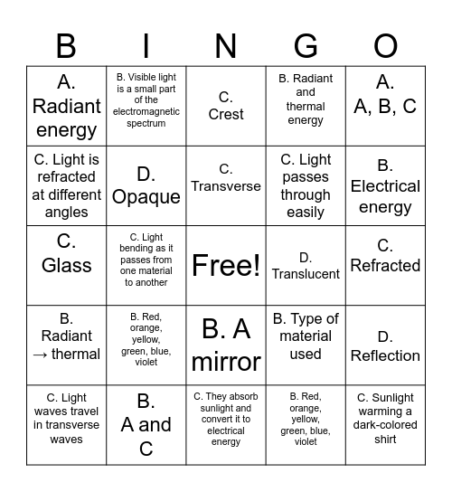 Light Test Review Bingo Card