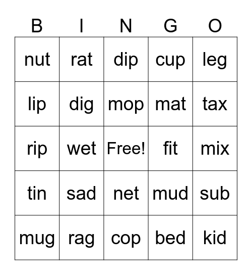 CVC Words Bingo Card