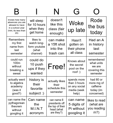 U.S History Ice Breaker Bingo Card