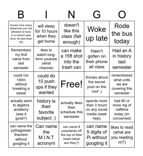 U.S History Ice Breaker Bingo Card